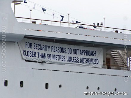 For security reasons don not approach closer than 50 metres unless authorised - sign on cruise ship msc melody which recently thwarted pirate attack near Somalia